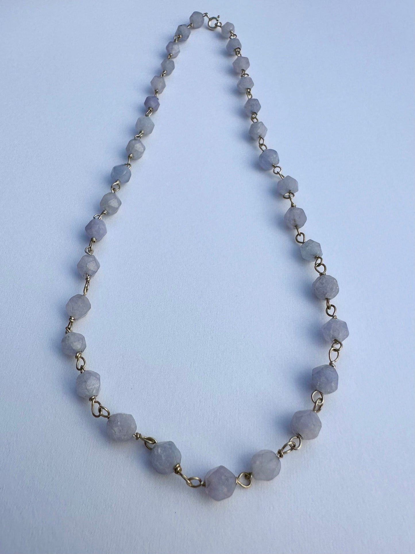 Aquamarine silver necklace, hand-made beaded chain with natural stones