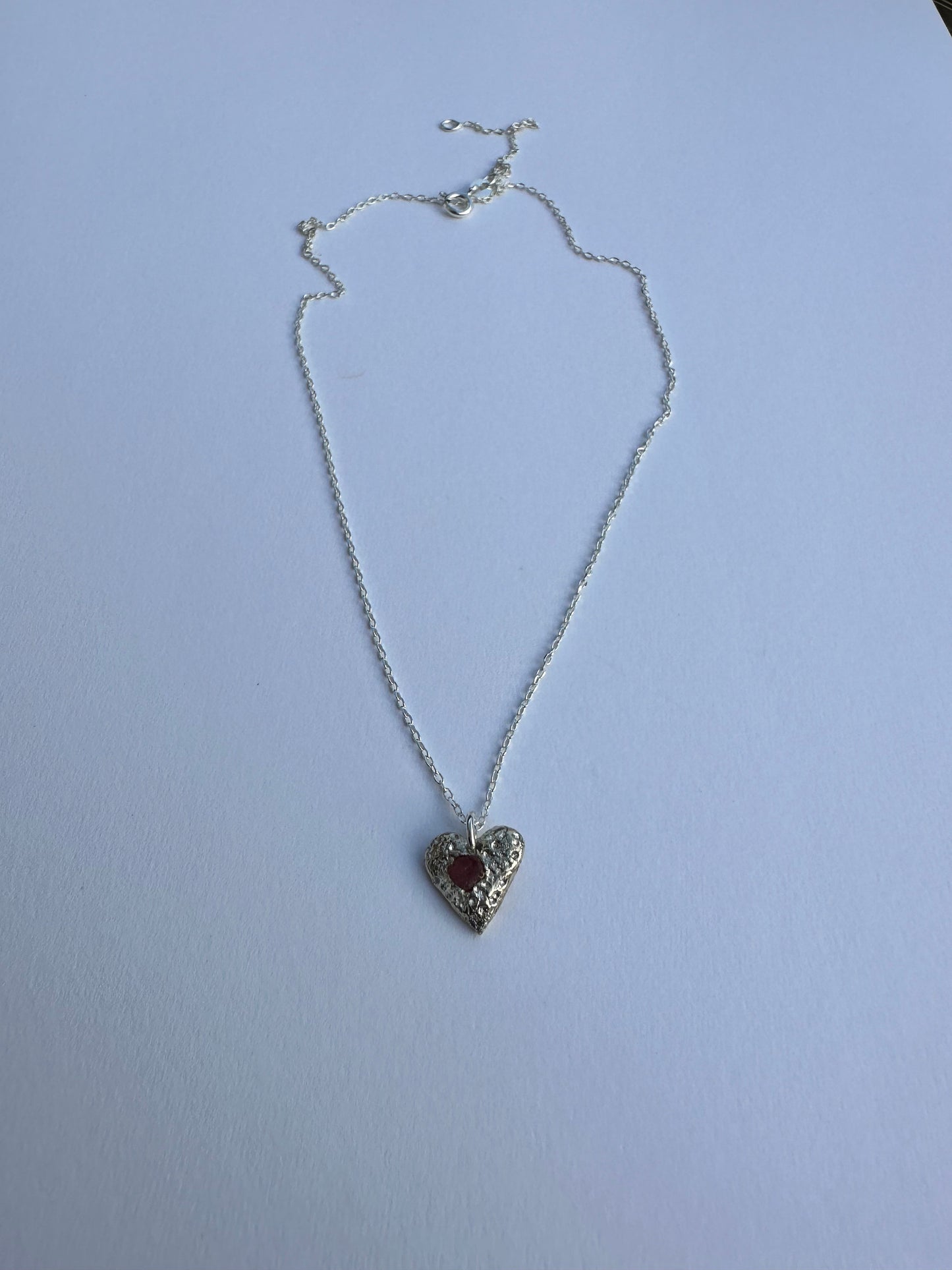 Heart pendant with pink sapphire, hand-made silver necklace