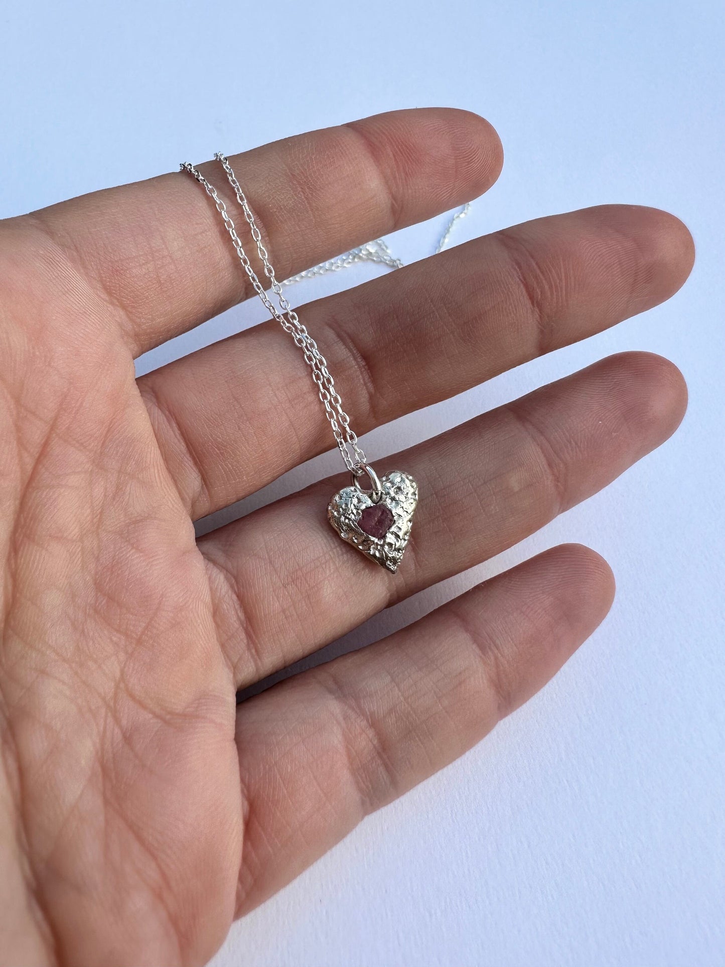 Heart pendant with pink sapphire, hand-made silver necklace