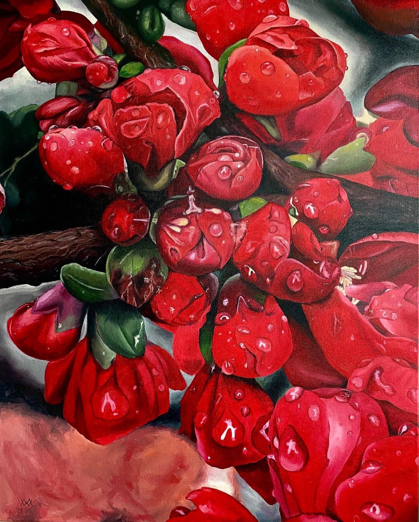 Flowers oil painting, original oil flower art, red flowers huge painting, big size