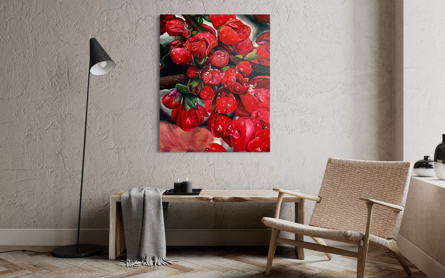 Flowers oil painting, original oil flower art, red flowers huge painting, big size