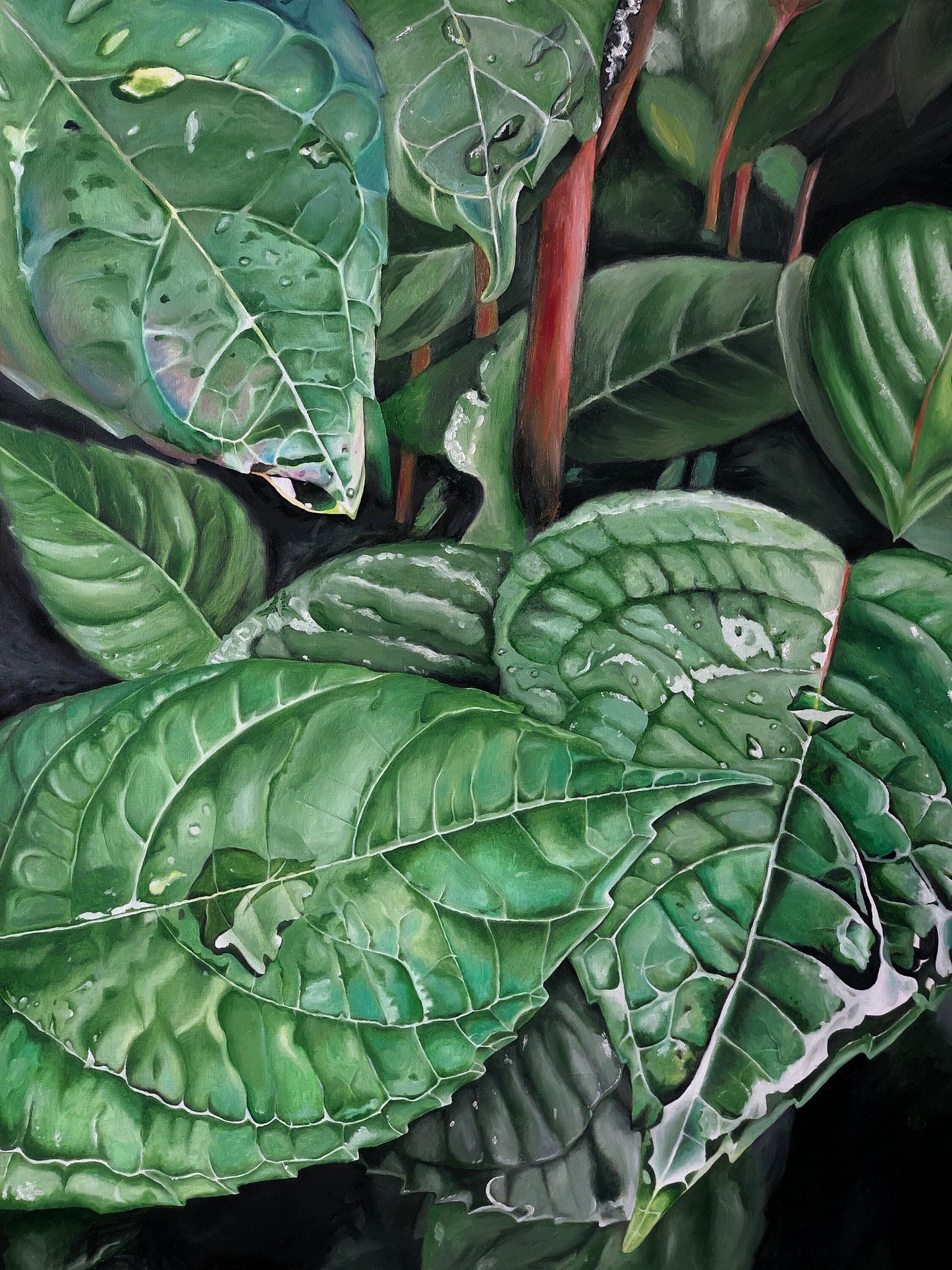 Green leaves oil painting, huge original painting, floral art, foliage photorealistic painting