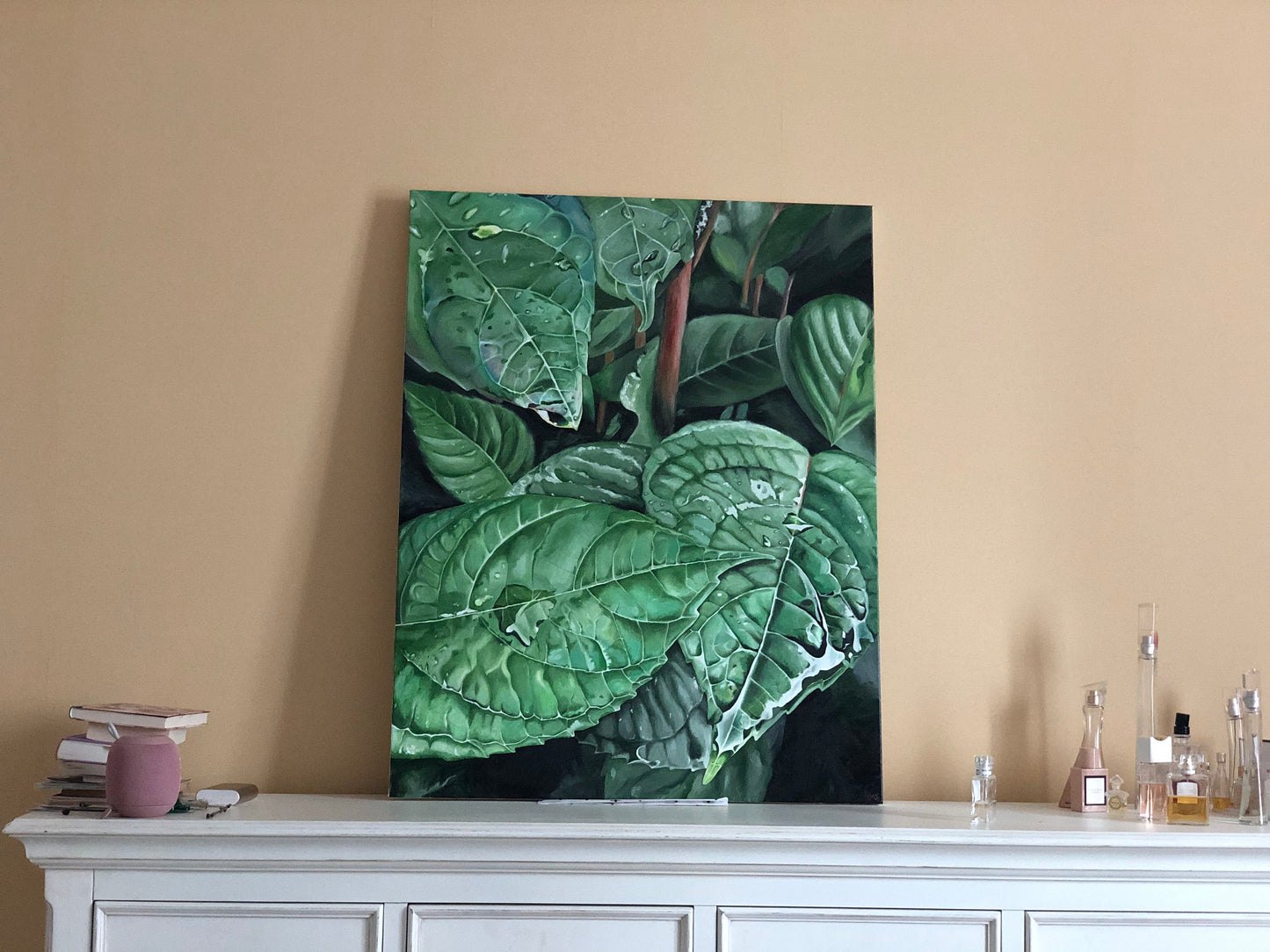 Green leaves oil painting, huge original painting, floral art, foliage photorealistic painting