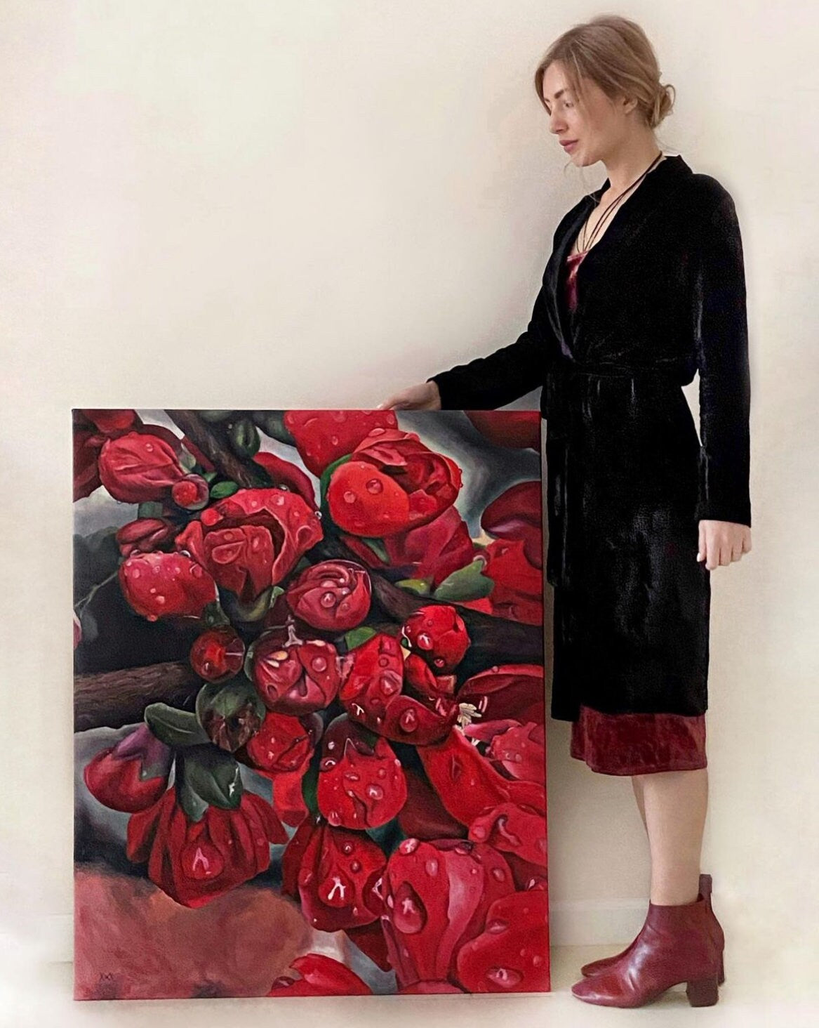 Flowers oil painting, original oil flower art, red flowers huge painting, big size