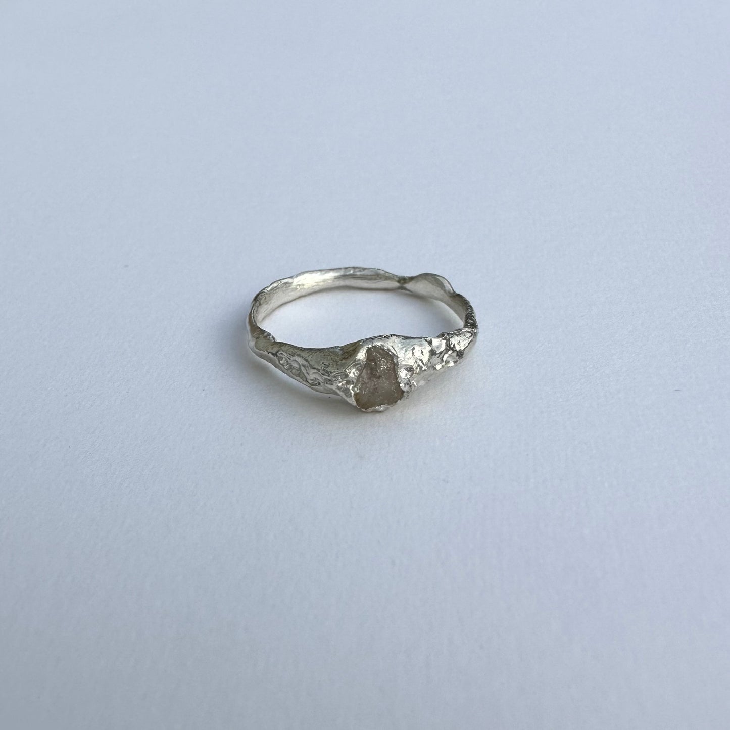 White sapphire silver ring, raw stone handcrafted textured gem ring