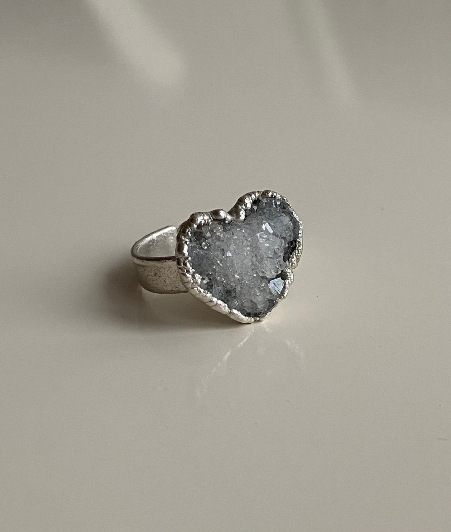 Handcrafted Crystal Quartz Heart Ring, Heart Shape Silver Eing