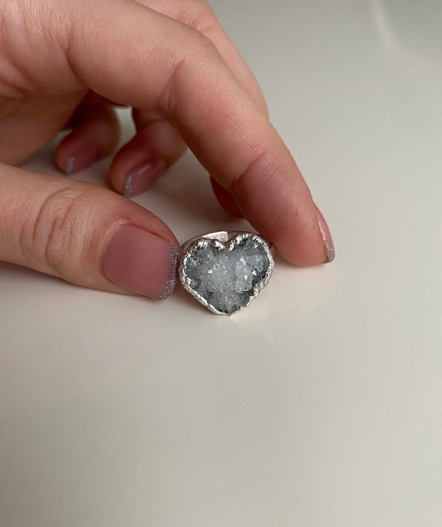 Handcrafted Crystal Quartz Heart Ring, Heart Shape Silver Eing