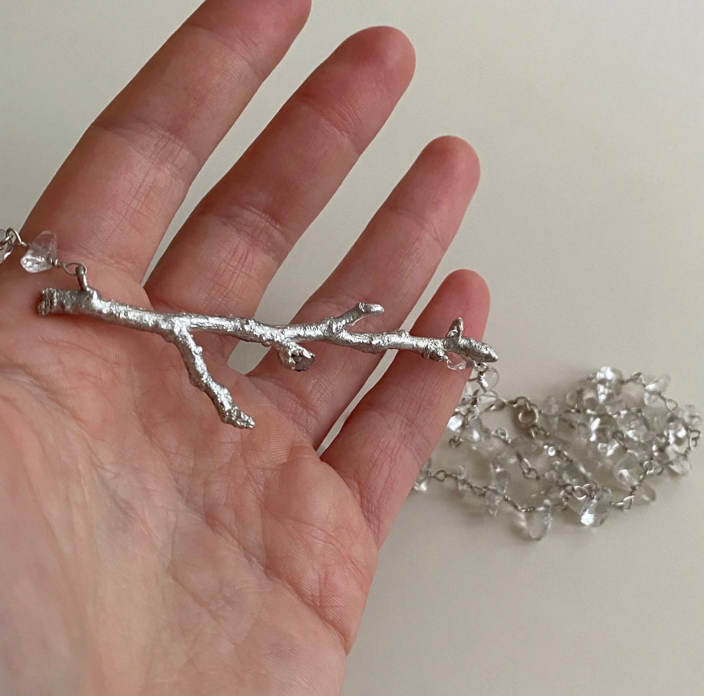 Necklace with Silver Branch and Clear Quartz, Unique Handcrafted Necklace, Silver Twig Pendant