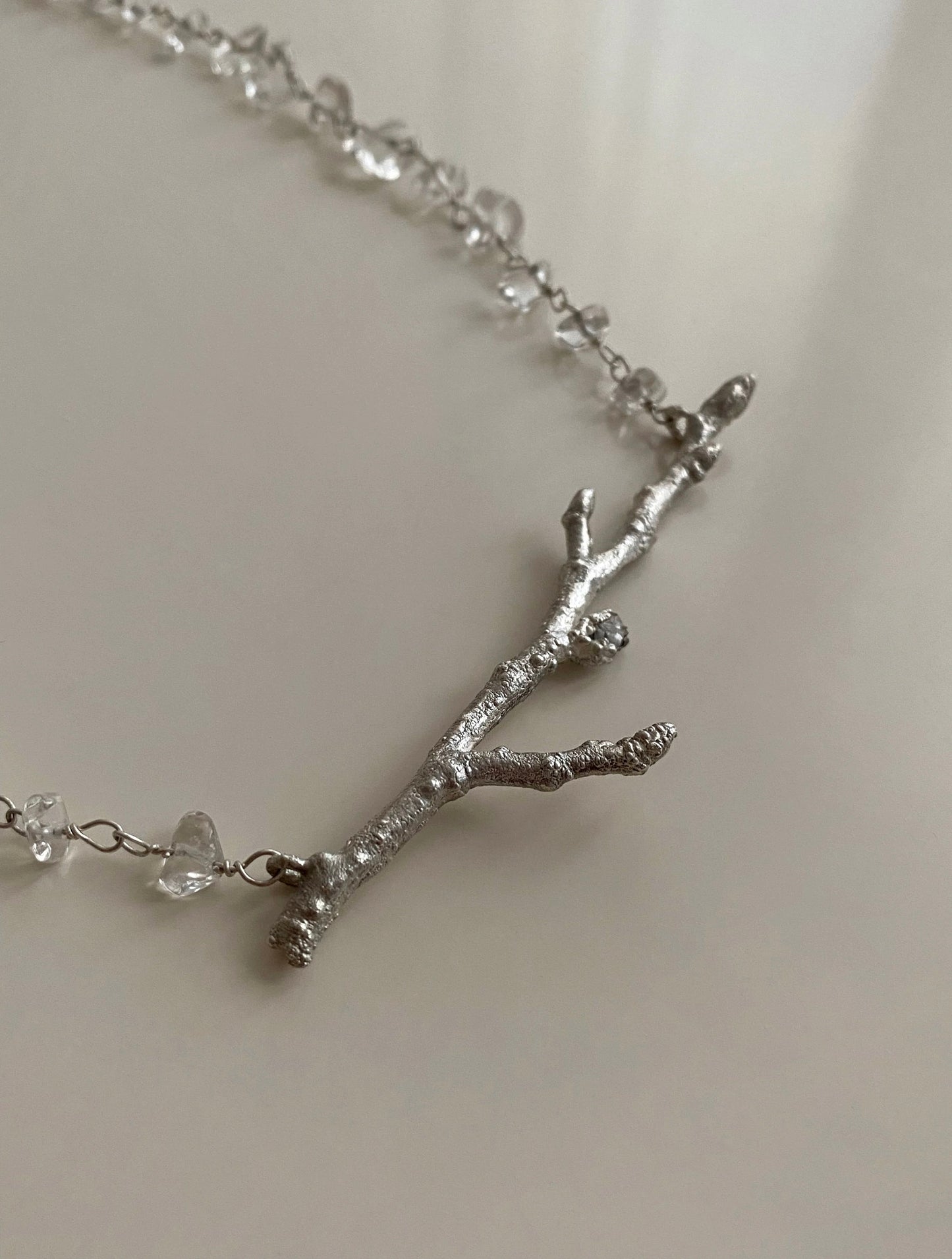 Necklace with Silver Branch and Clear Quartz, Unique Handcrafted Necklace, Silver Twig Pendant