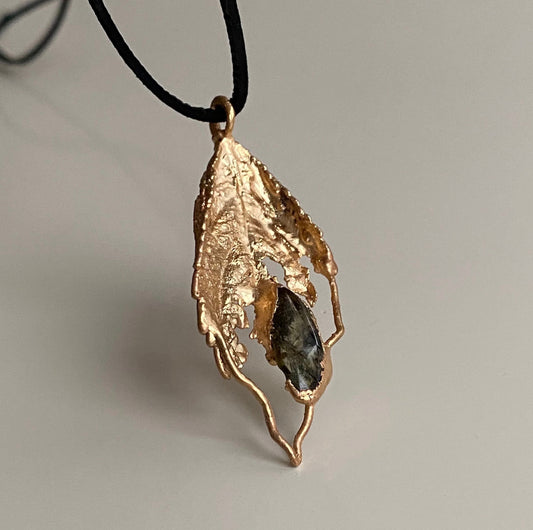 Handcrafted Pendant with Real Leaf and Green Tourmaline, Golden Leaf Necklace