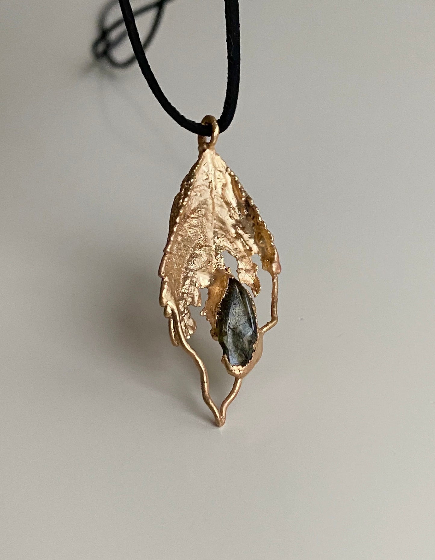 Handcrafted Pendant with Real Leaf and Green Tourmaline, Golden Leaf Necklace