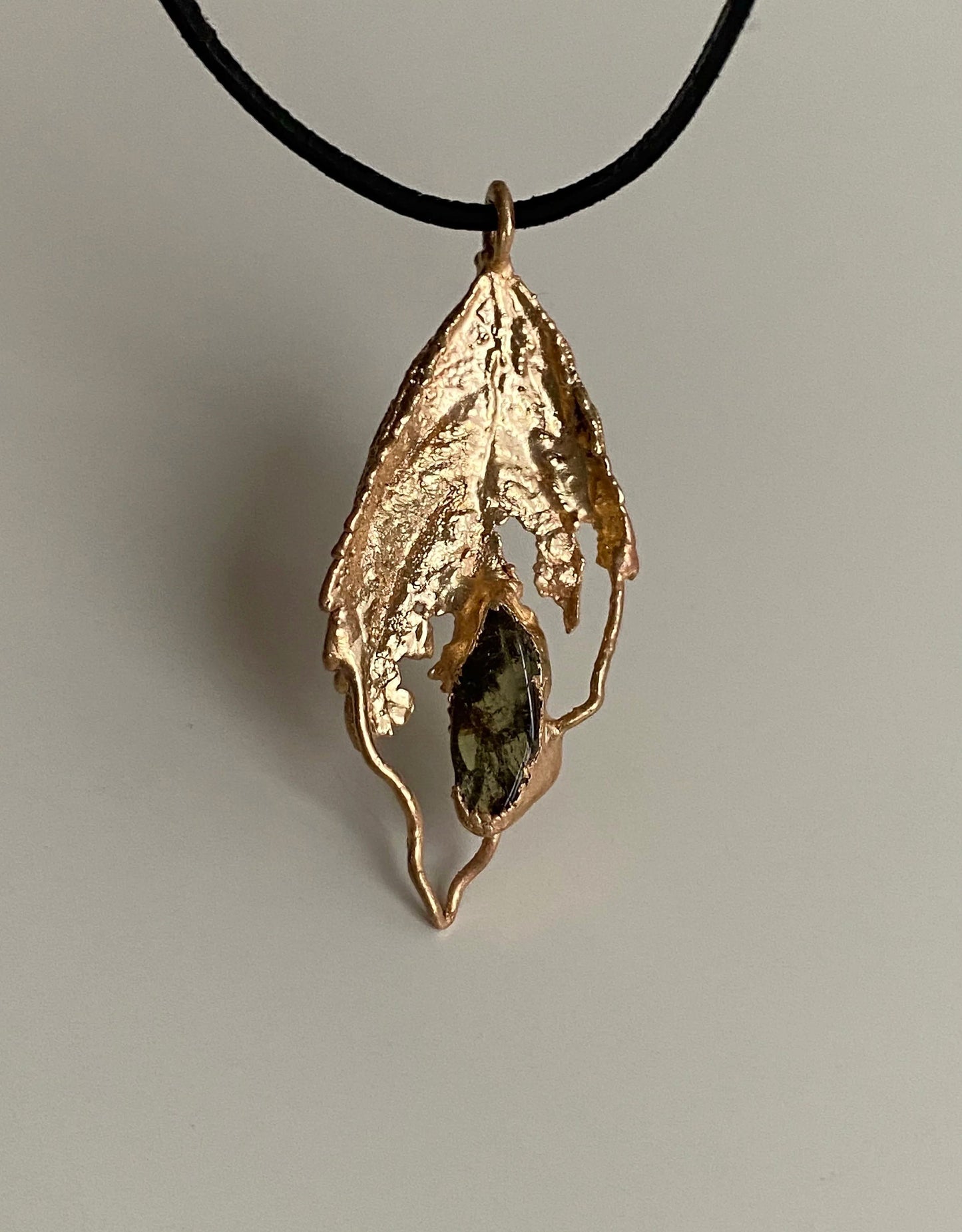 Handcrafted Pendant with Real Leaf and Green Tourmaline, Golden Leaf Necklace