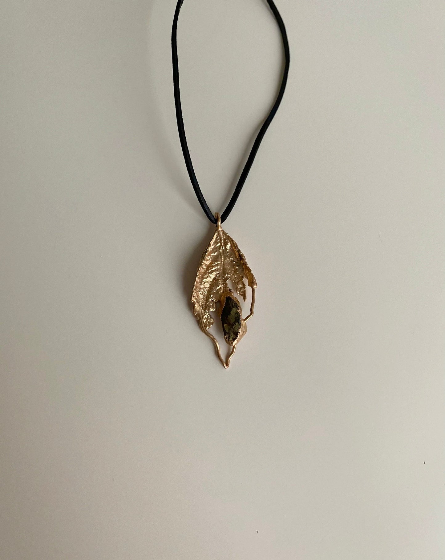 Handcrafted Pendant with Real Leaf and Green Tourmaline, Golden Leaf Necklace