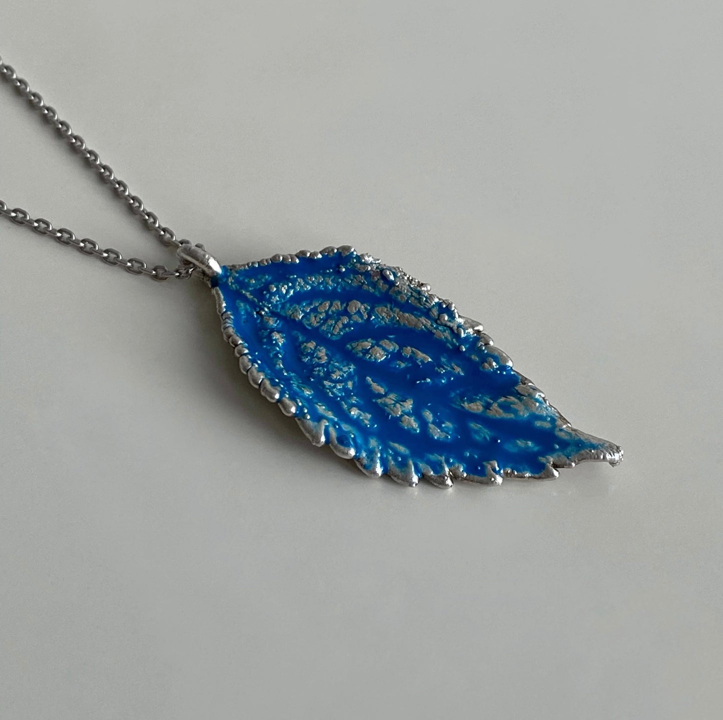 Handcrafted Silver Pendant with Real Leaf and Cold Enamel