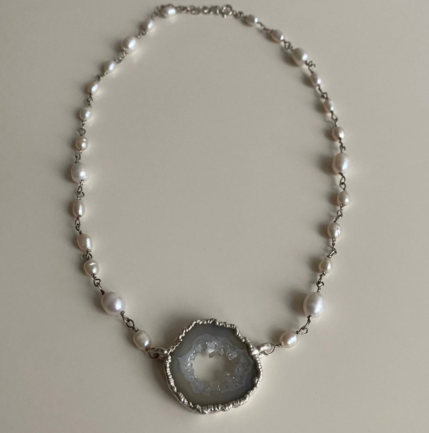 Handcrafted Silver Necklace with Natural Agate and Pearls