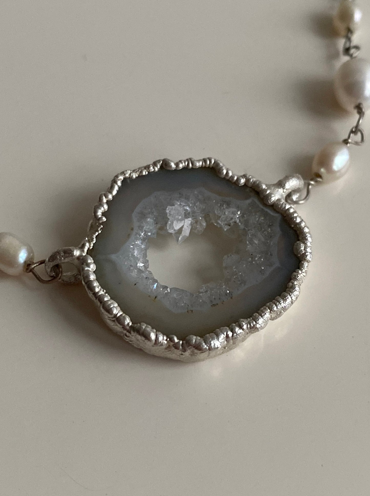 Handcrafted Silver Necklace with Natural Agate and Pearls