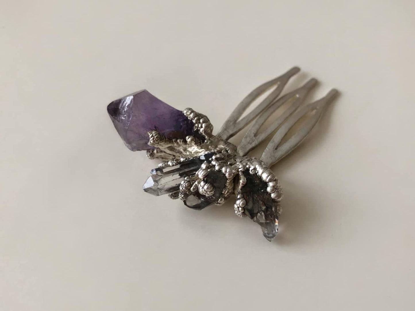 Handcrafted Silver Hair Comb with Natural Amethyst and Quartz Crystals