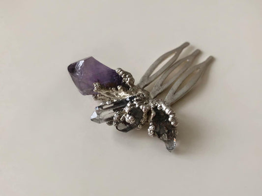 Handcrafted Silver Hair Comb with Natural Amethyst and Quartz Crystals