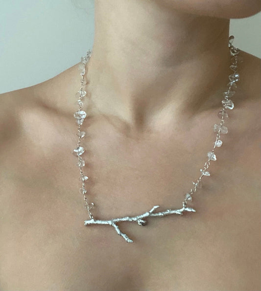 Necklace with Silver Branch and Clear Quartz, Unique Handcrafted Necklace, Silver Twig Pendant