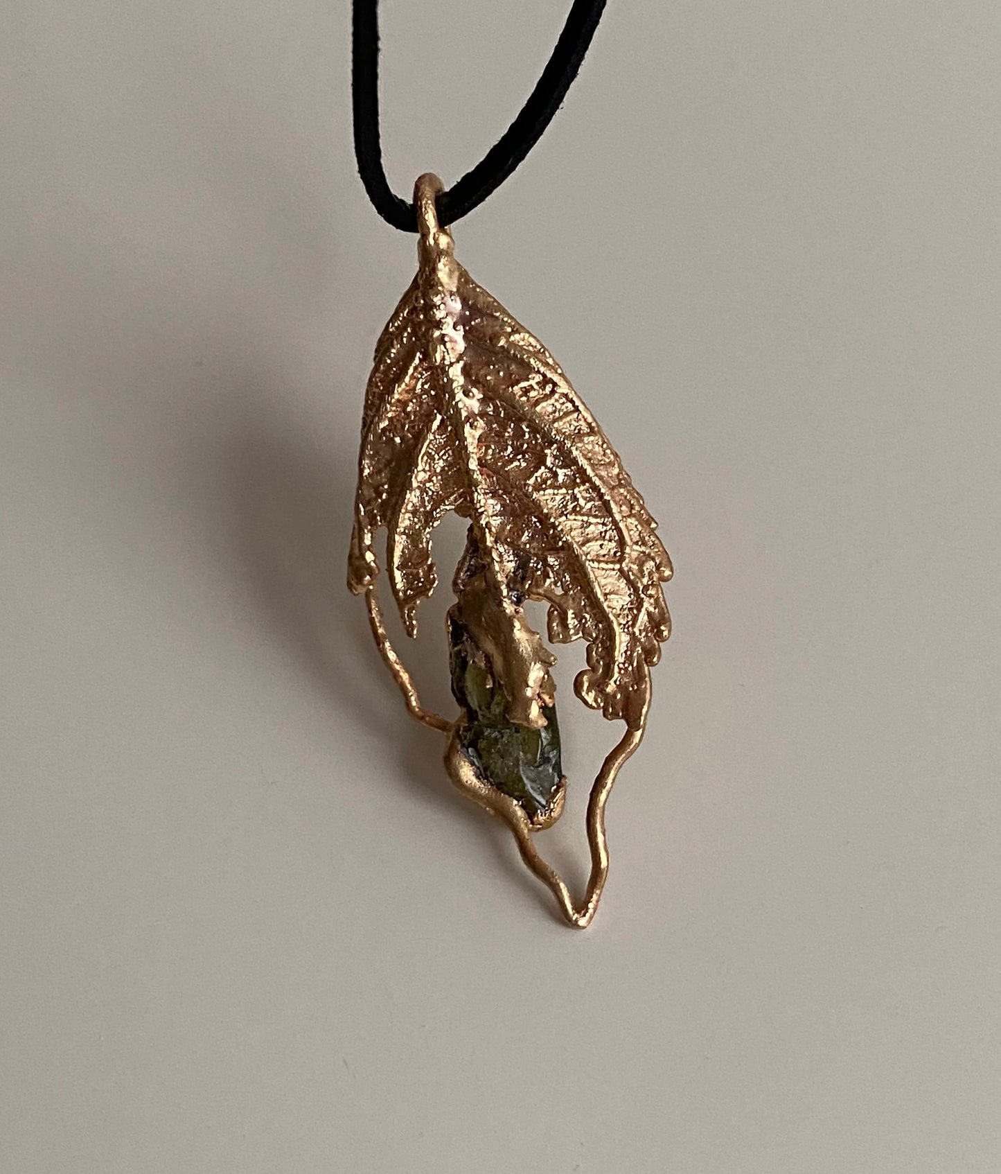 Handcrafted Pendant with Real Leaf and Green Tourmaline, Golden Leaf Necklace