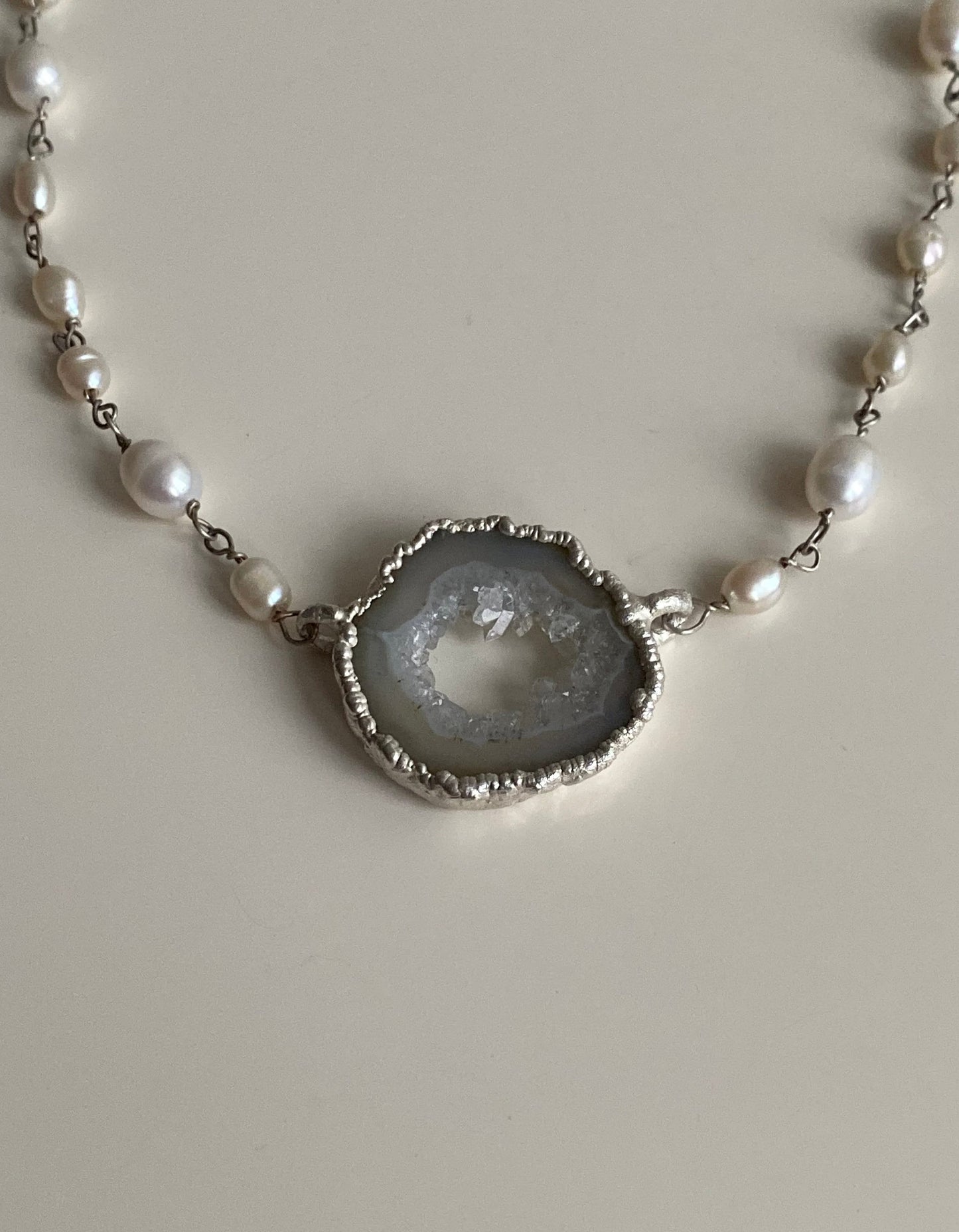 Handcrafted Silver Necklace with Natural Agate and Pearls