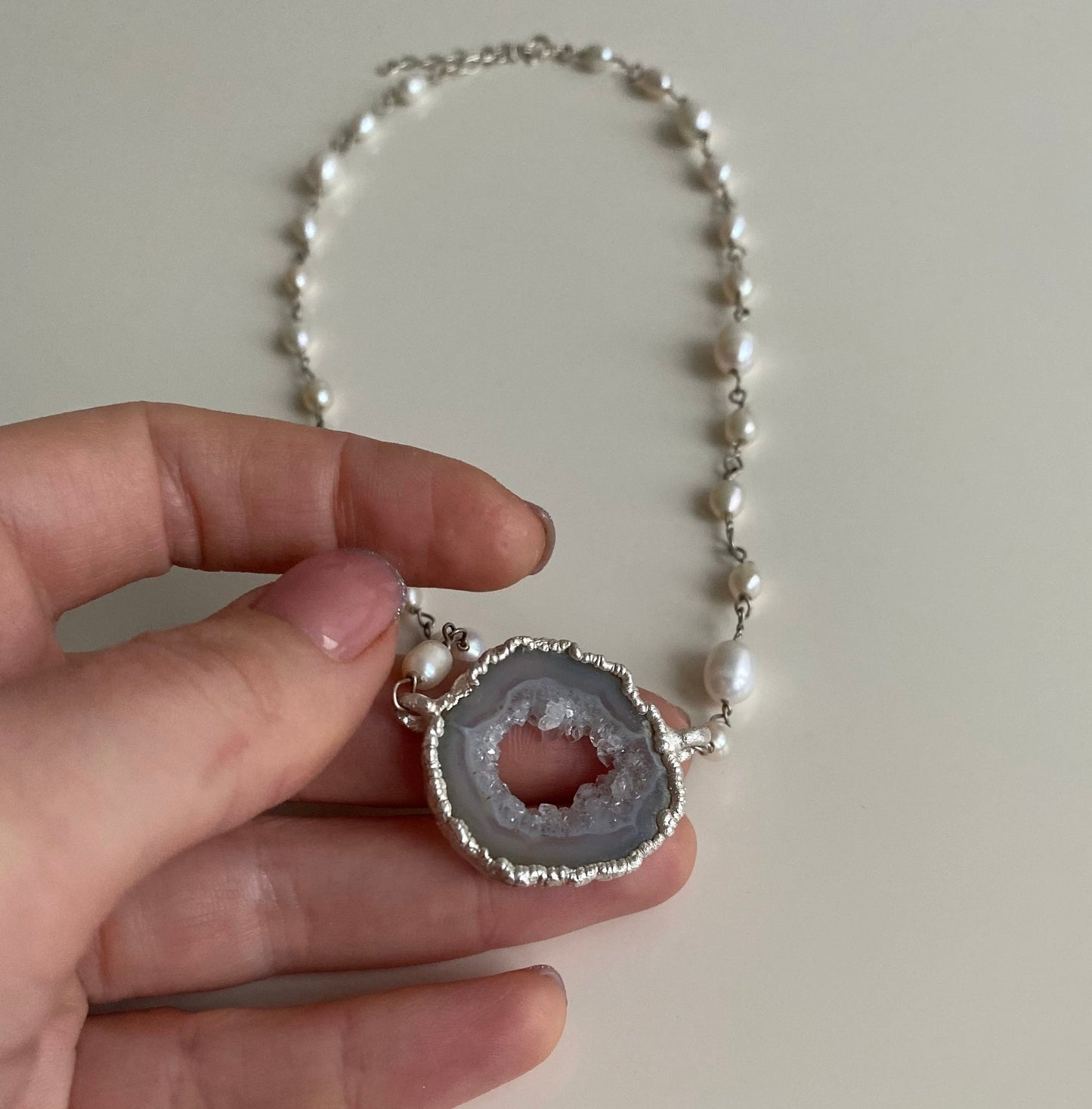 Handcrafted Silver Necklace with Natural Agate and Pearls