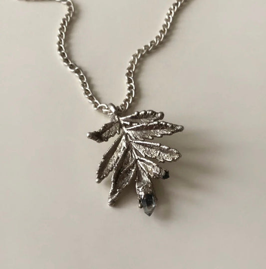 Silver Leaf Pendant with Rock Crystal