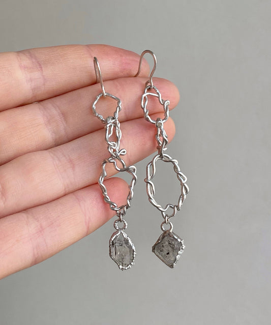 Handcrafted Silver Earrings with herkimer diamonds, Stones Abstract Rings, One of Kind Jewellery