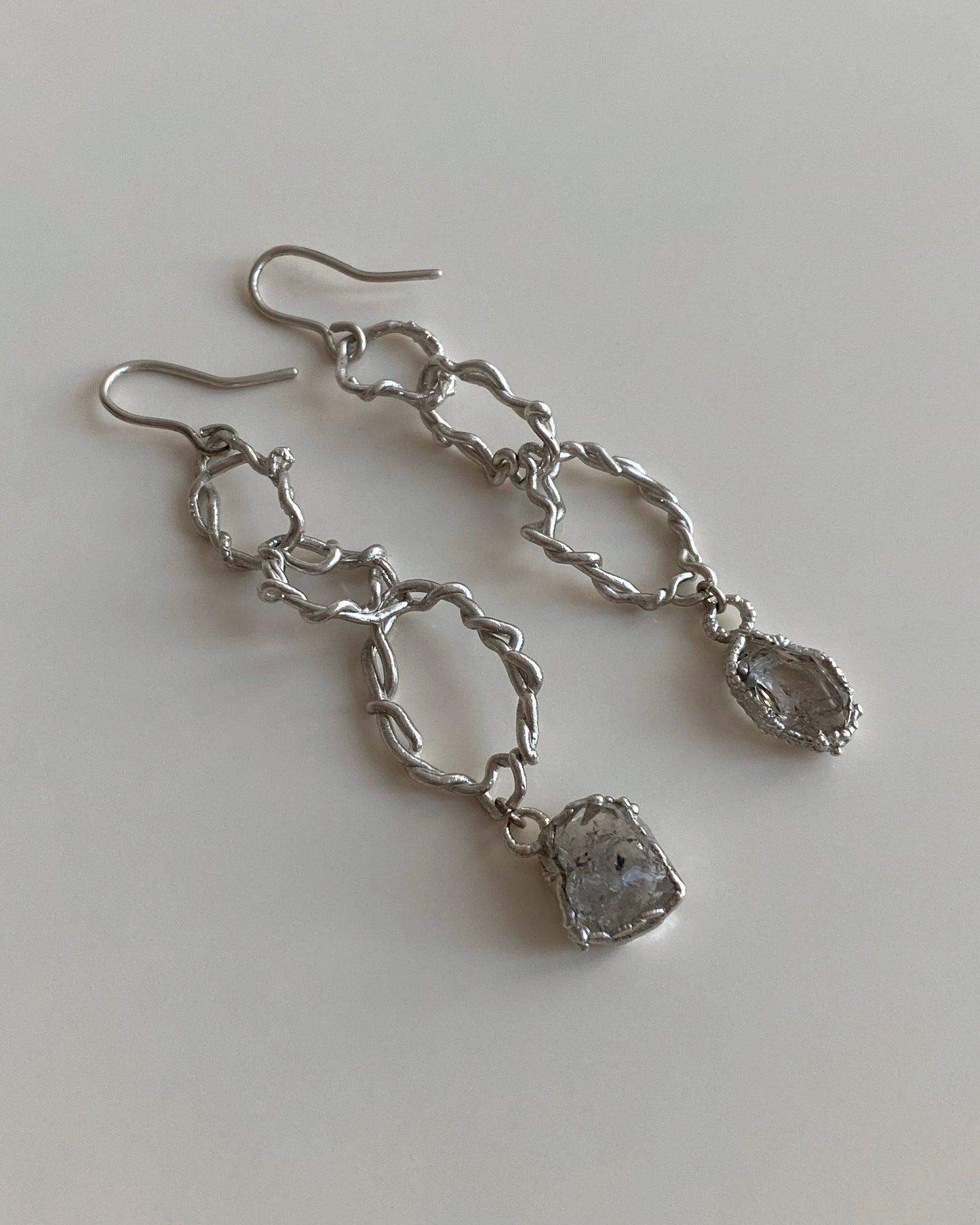 Handcrafted Silver Earrings with herkimer diamonds, Stones Abstract Rings, One of Kind Jewellery