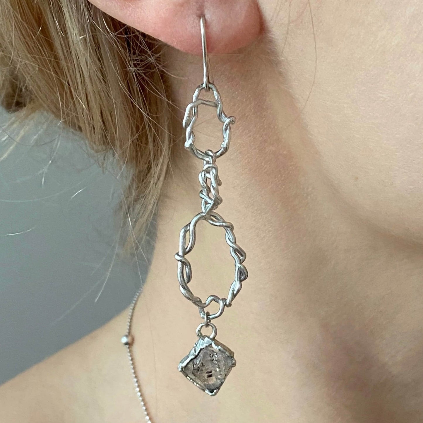 Handcrafted Silver Earrings with herkimer diamonds, Stones Abstract Rings, One of Kind Jewellery