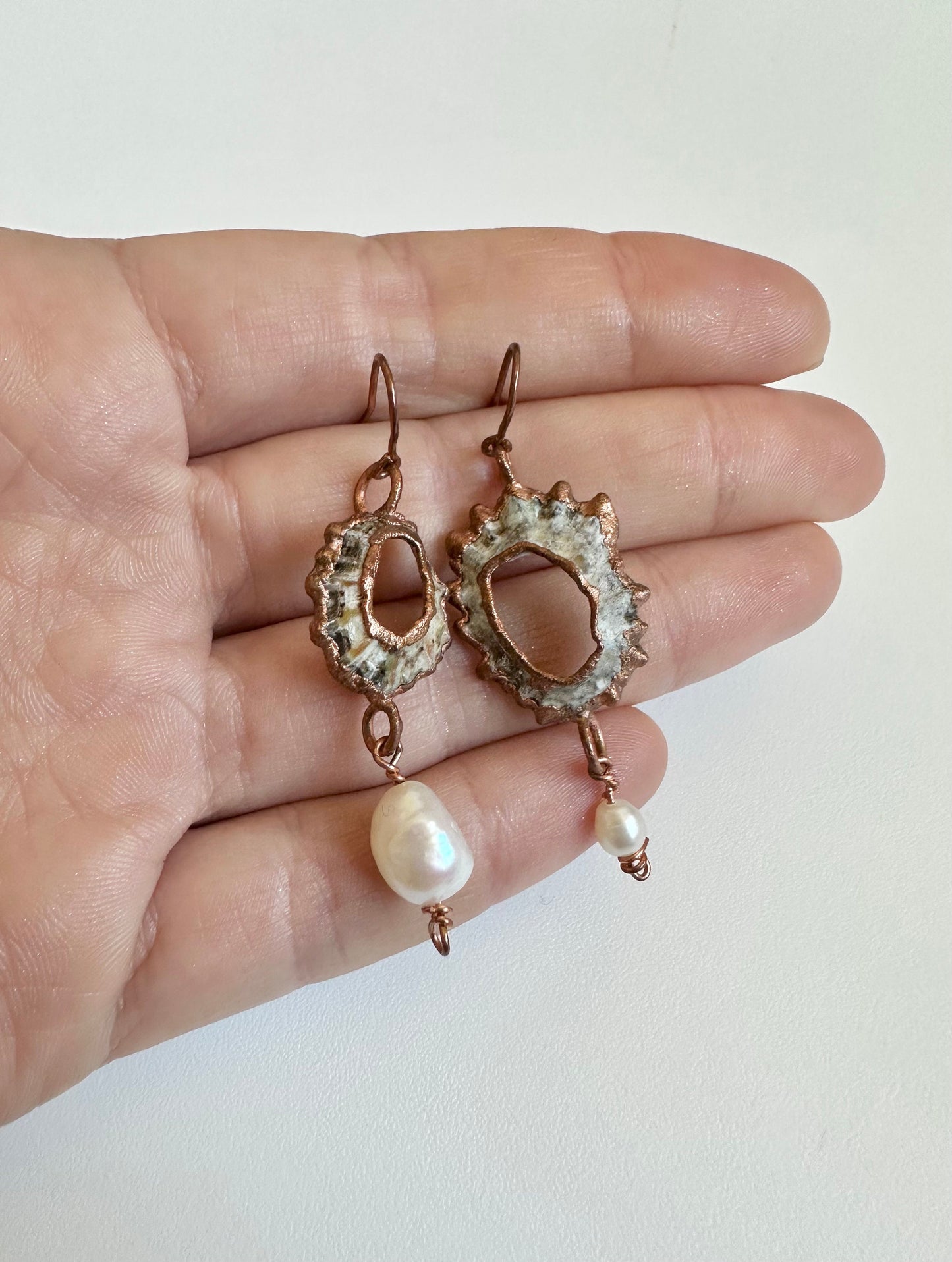 Shell Earnings, Handcrafted Copper Earrings, Pearl Earrings