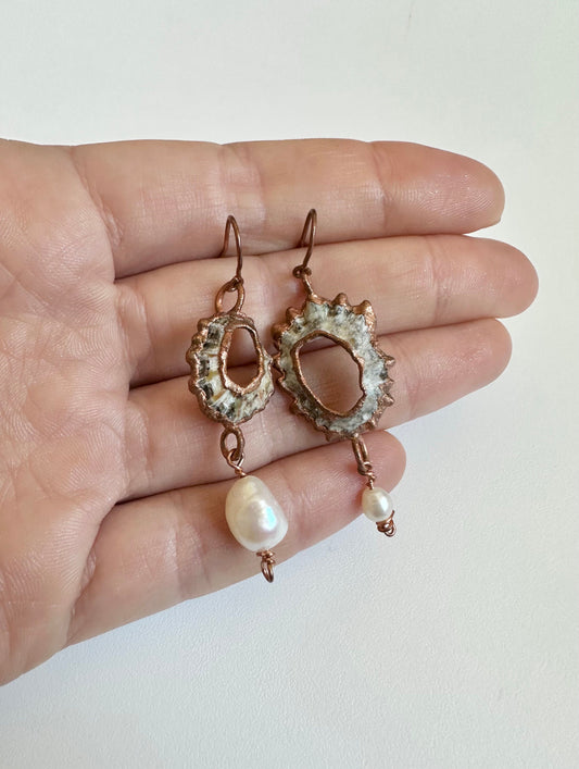 Shell Earnings, Handcrafted Copper Earrings, Pearl Earrings