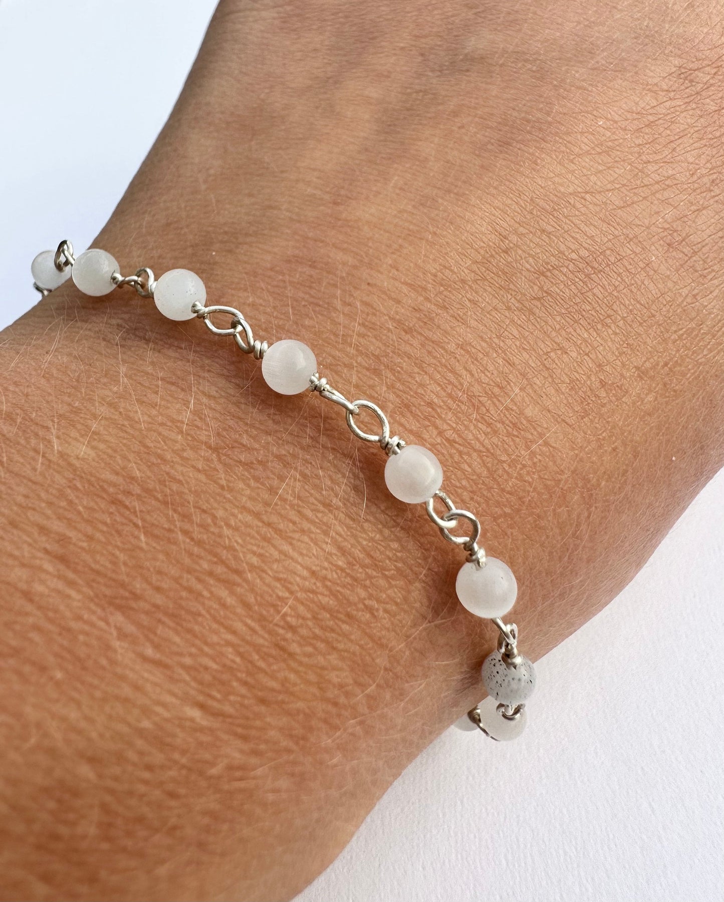 Selenite Silver Bracelet, Handcrafted Silver Chain Bracelet, Natural Stones Beaded Bracelet