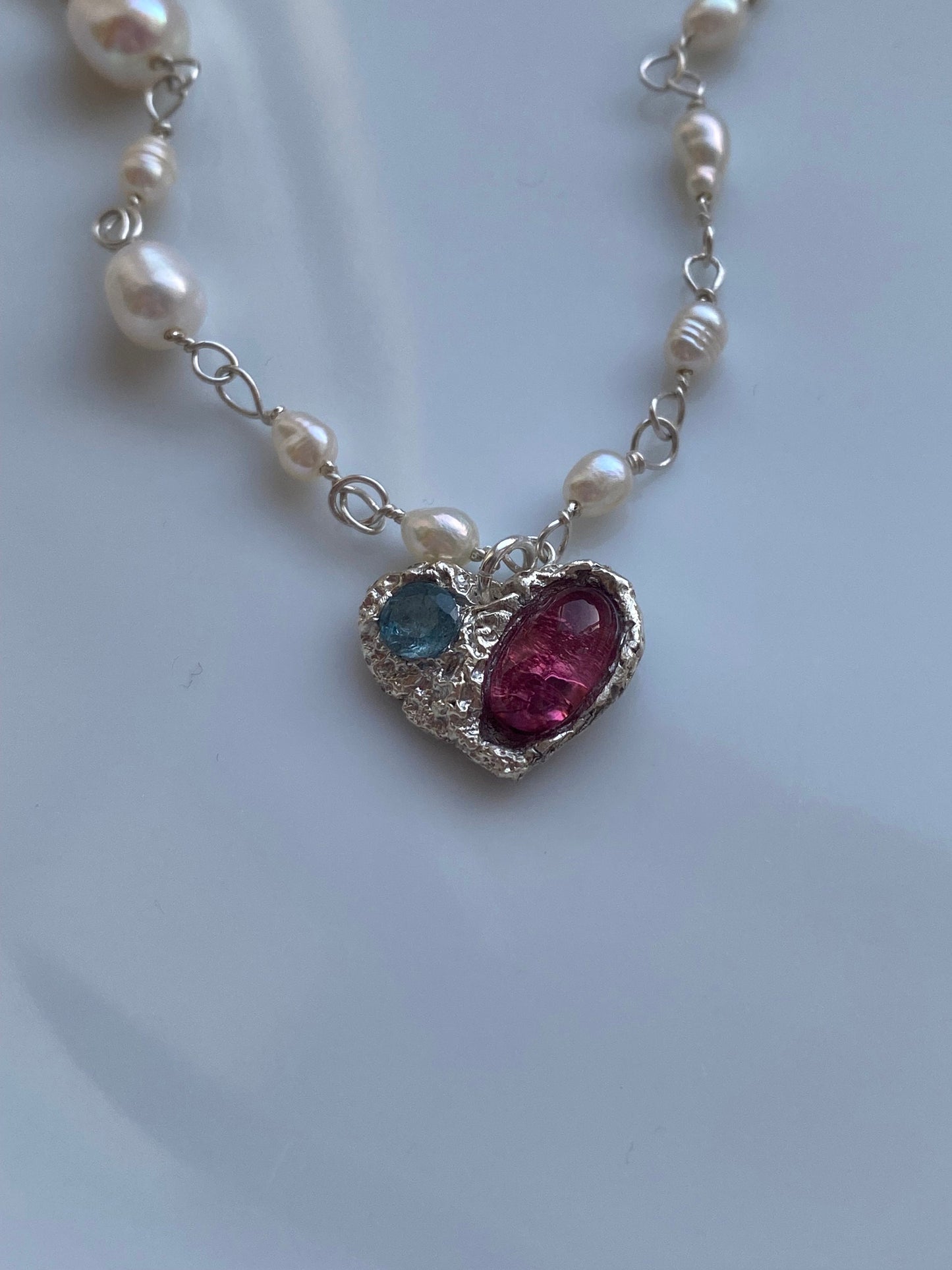 Pink Tourmaline and Blue Topaz Silver Necklace with Natural Pearls, Handcrafted Heart shape Pendant