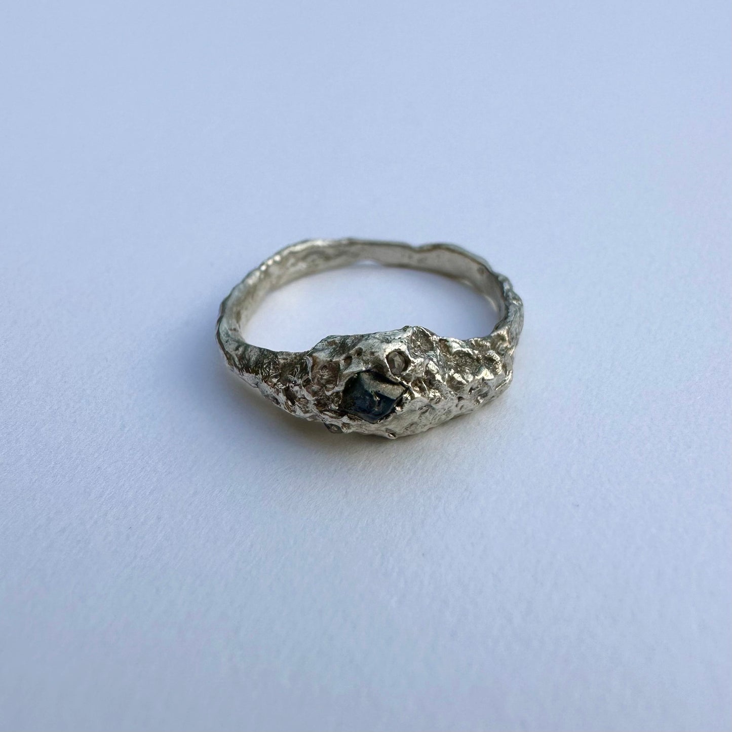 Blue Sapphire and small Diamond Handcrafted Textured Ring, unique One-of-Kind Silver Ring