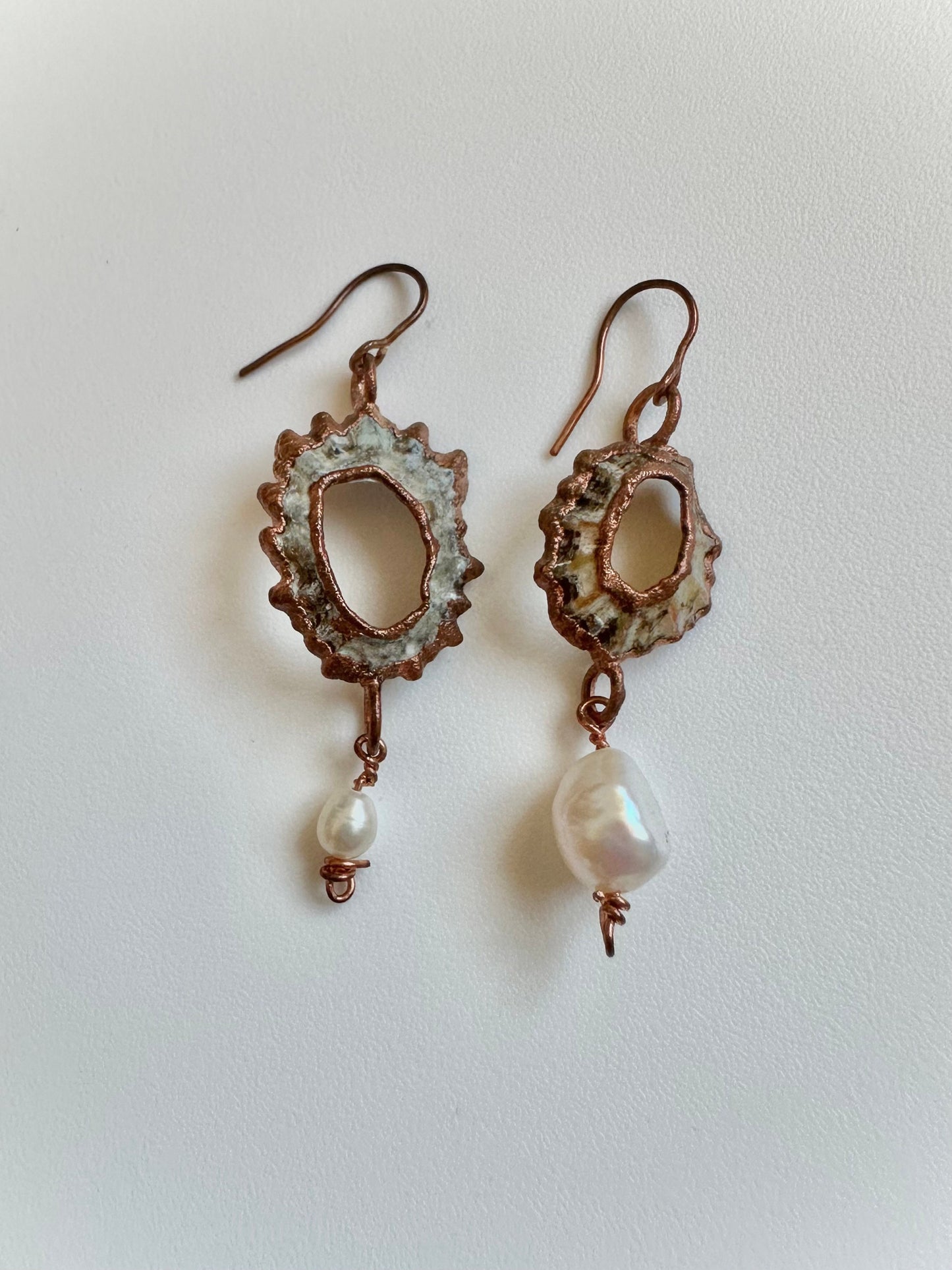 Shell Earnings, Handcrafted Copper Earrings, Pearl Earrings