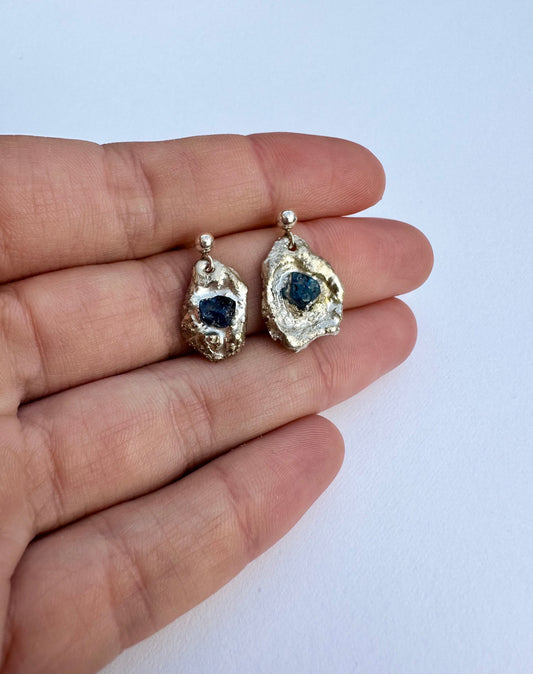 Sapphire Earrings, Handcrafted Silver Earrings with Blue Raw Sapphires, Stud earrings