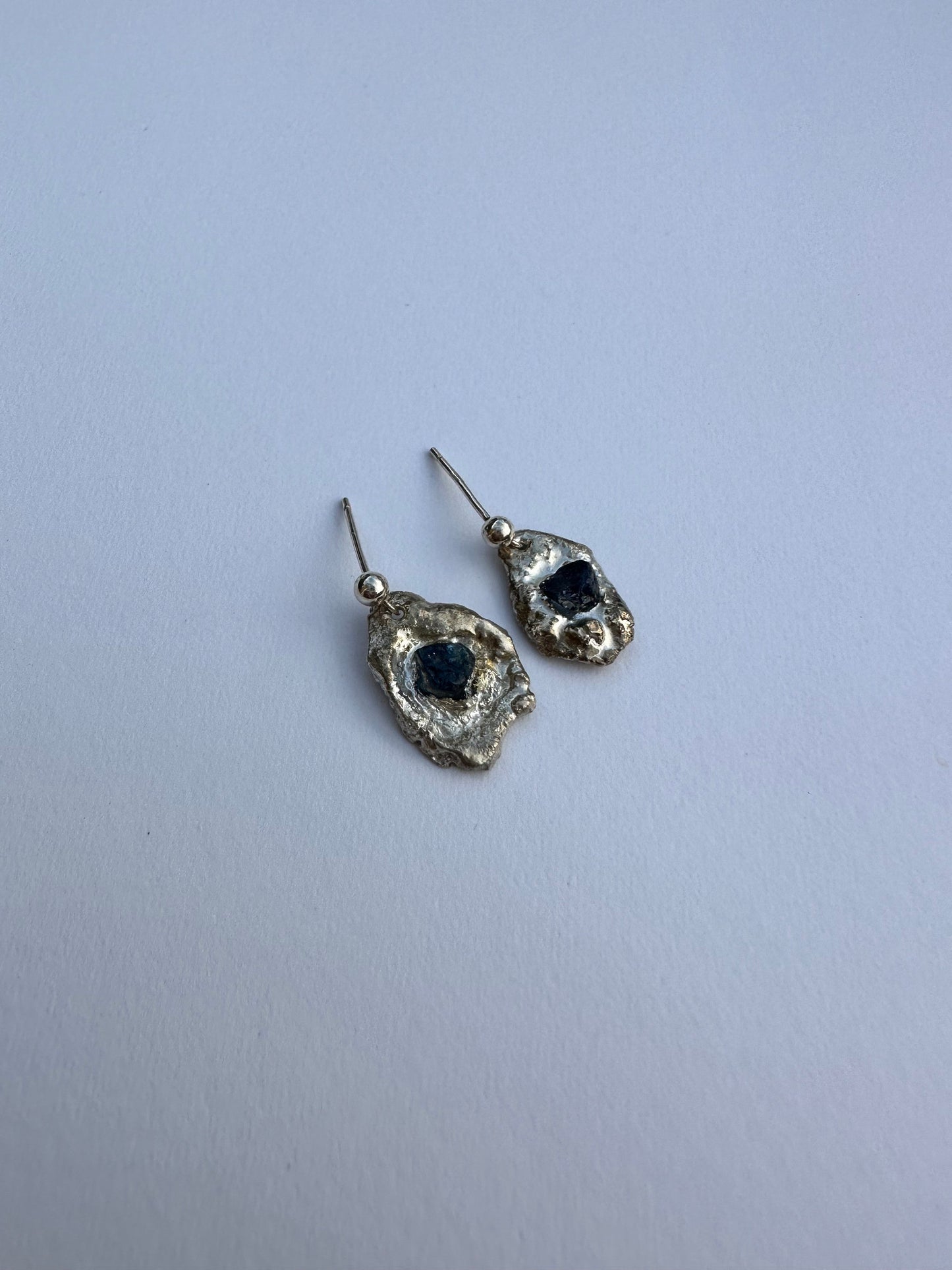 Sapphire Earrings, Handcrafted Silver Earrings with Blue Raw Sapphires, Stud earrings