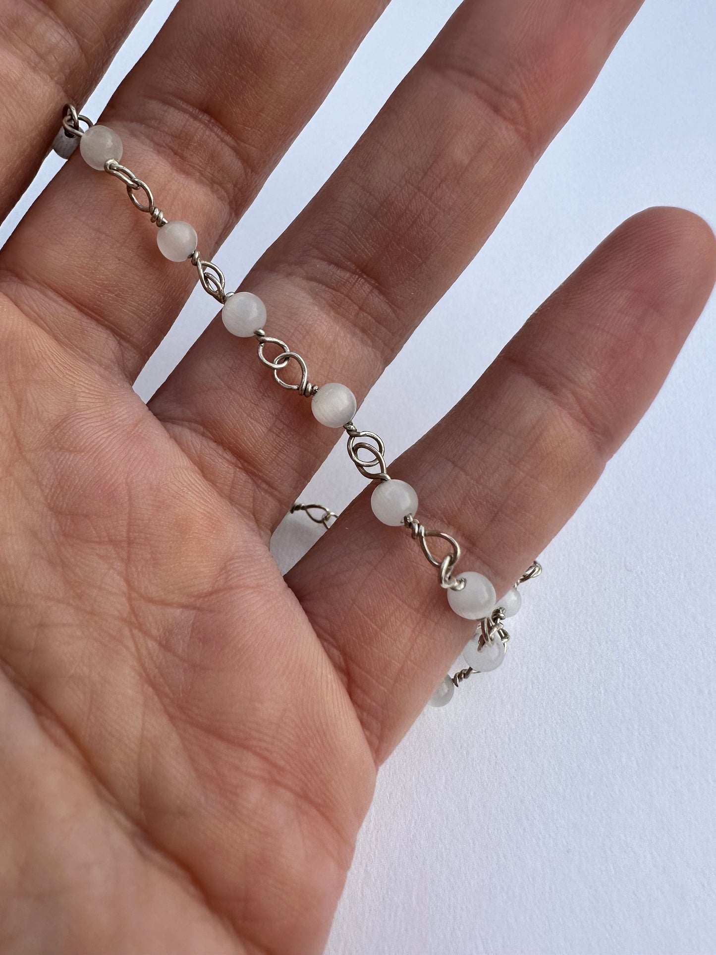 Selenite Silver Bracelet, Handcrafted Silver Chain Bracelet, Natural Stones Beaded Bracelet