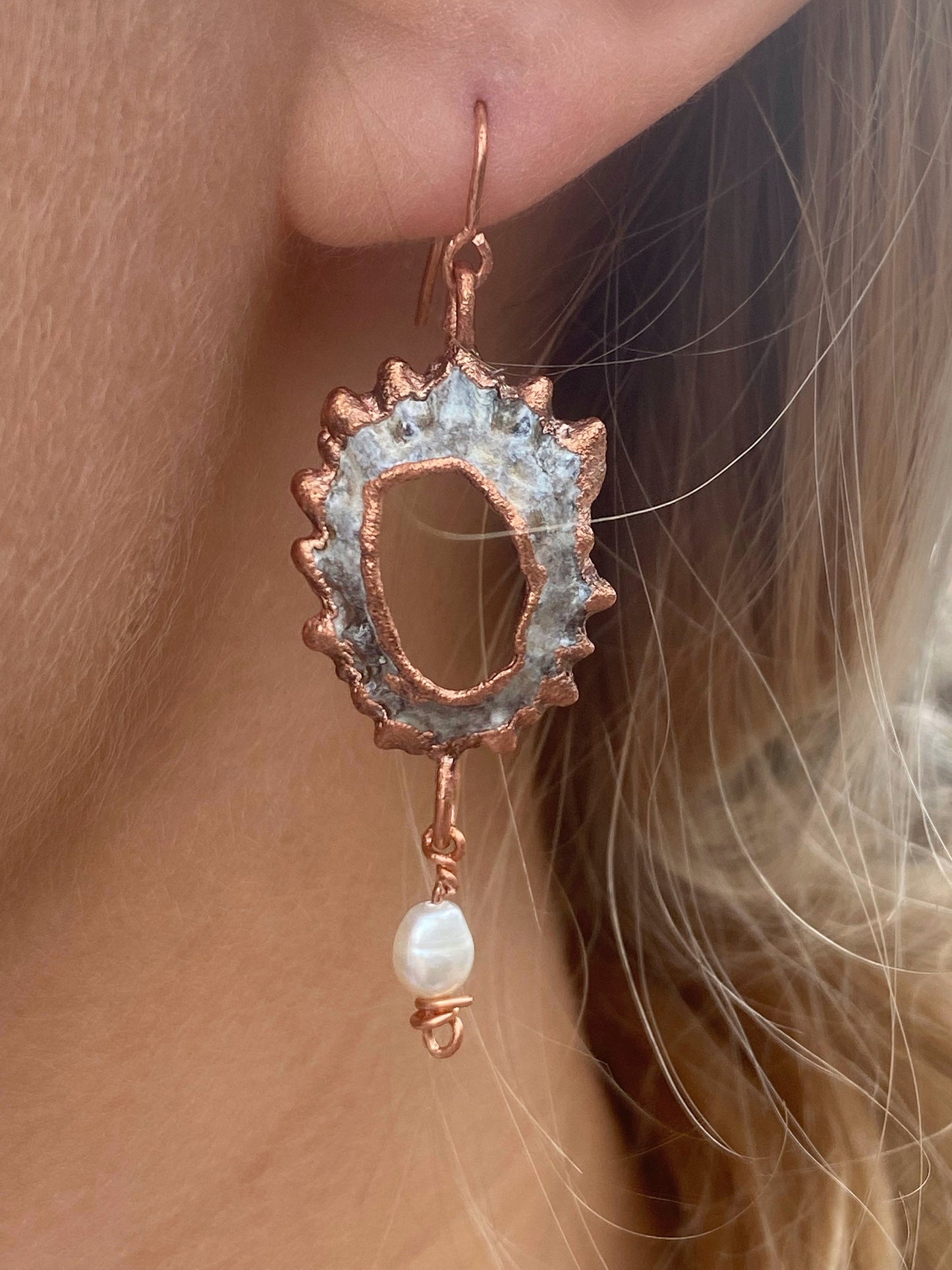 Shell Earnings, Handcrafted Copper Earrings, Pearl Earrings