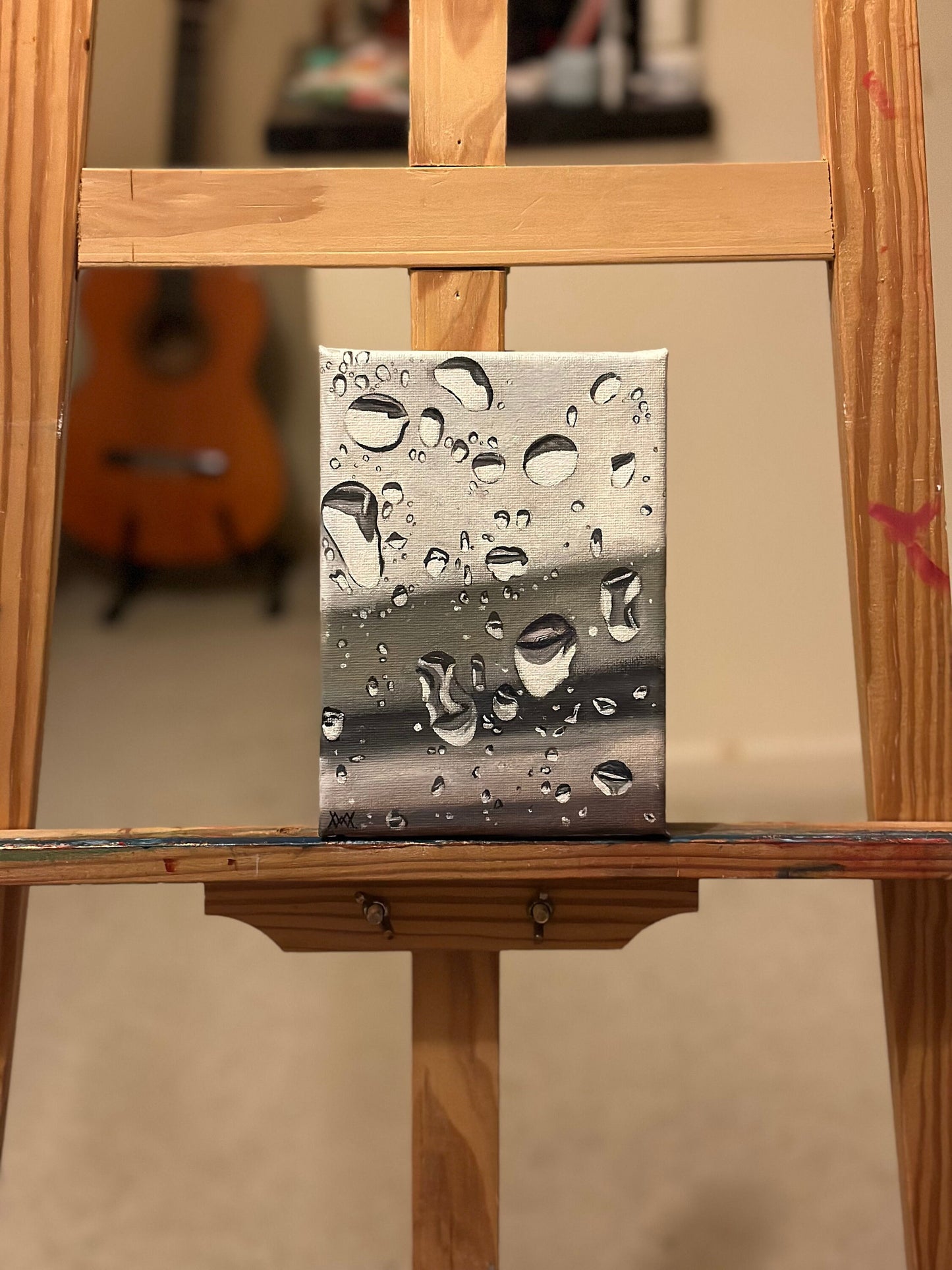 Small Oil Painting, Drops Painting, Rain Painting, Original Artwork, Black and White