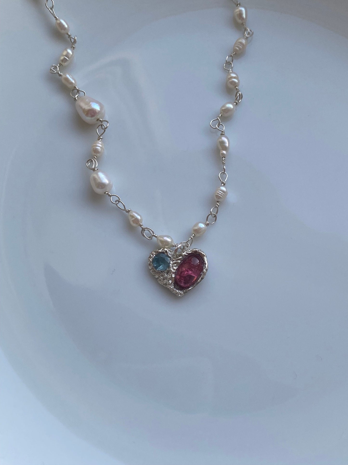 Pink Tourmaline and Blue Topaz Silver Necklace with Natural Pearls, Handcrafted Heart shape Pendant