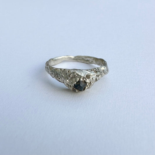 Blue Sapphire and small Diamond Handcrafted Textured Ring, unique One-of-Kind Silver Ring