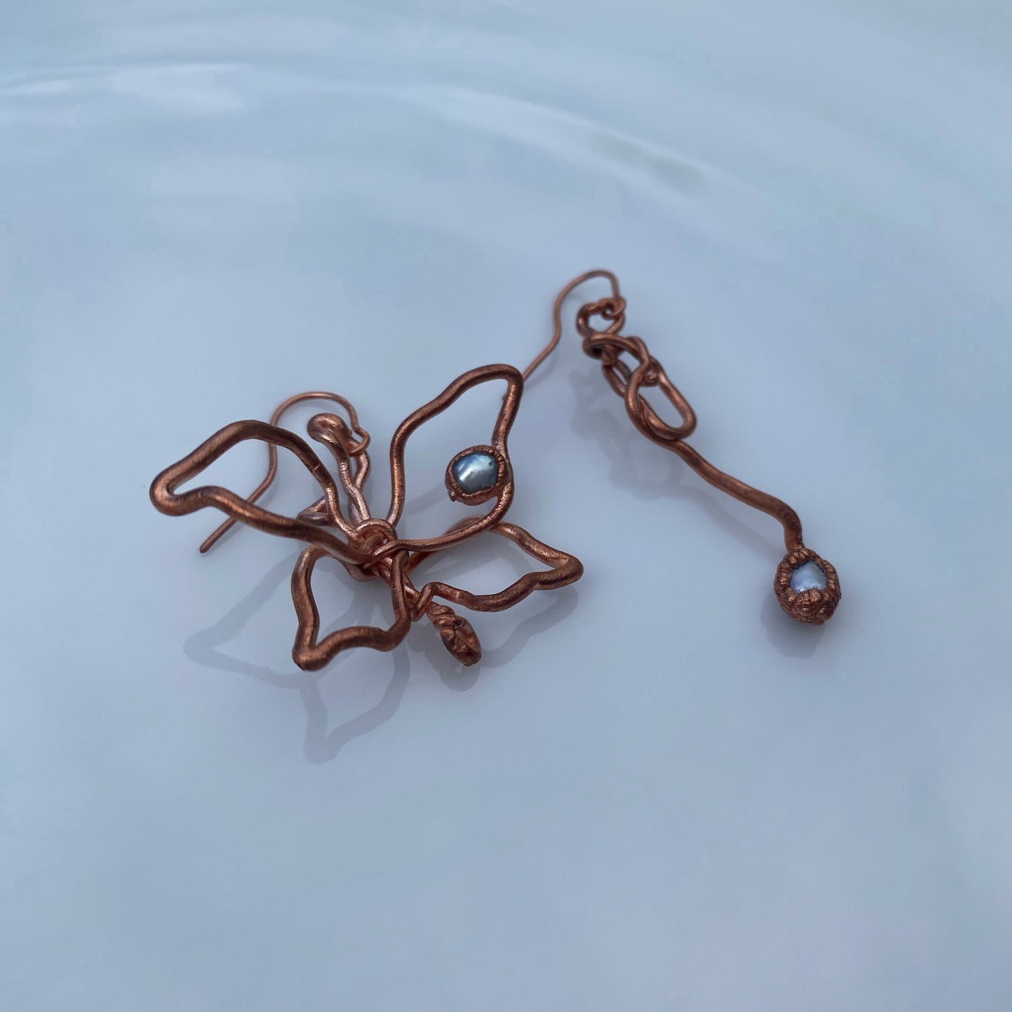 Butterfly Earrings, Copper Handmade Asymmetric Earrings, Pearl Abstract Earrings