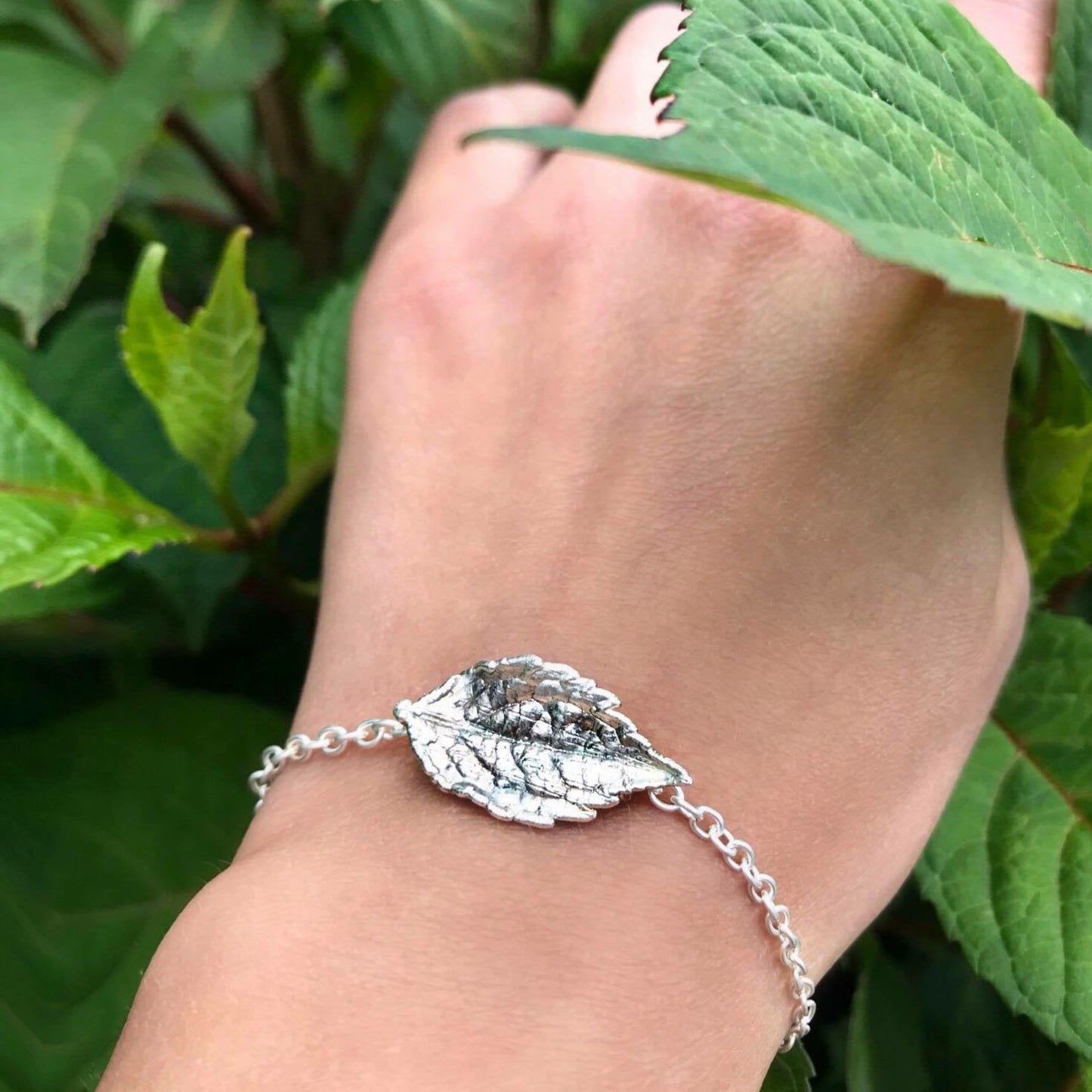 Bracelet with real hydrangea leaf